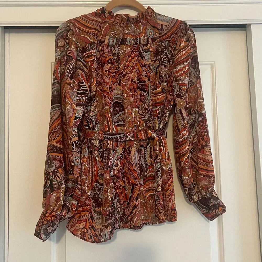 Floral & Ivy Pleated Belted Mixed Print Blouse drape flowy long sleeve Small - Picture 4 of 11
